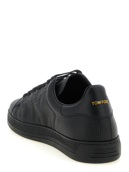 Sneakers by Tom Ford for men in leather & brass black presents a on trend silhouette from the Men's Low Top Leather & Brass Sneakers collection, showcasing a on trend low-top style for an elevated aesthetic.