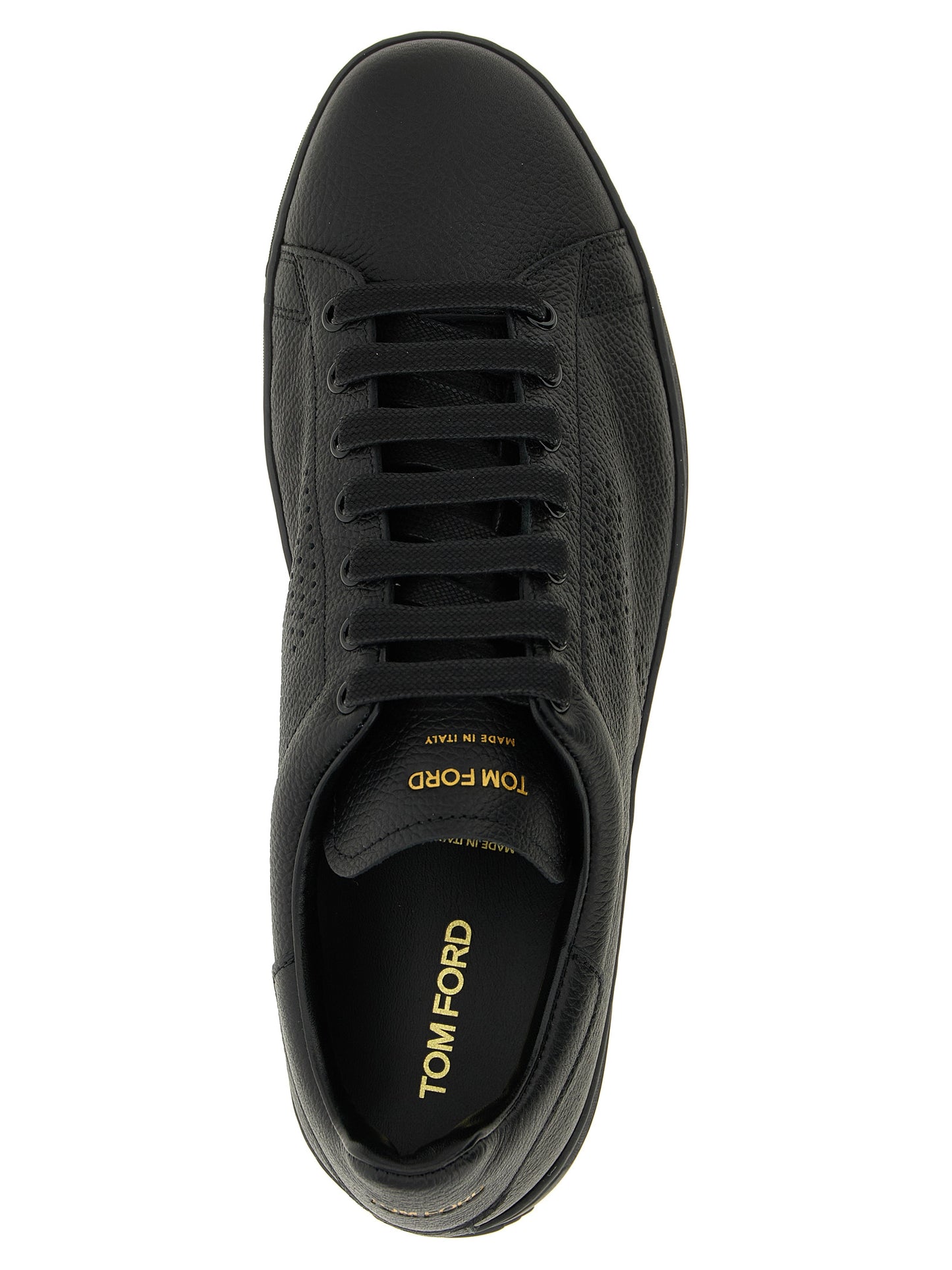 Sneakers by Tom Ford for men in leather & brass black features an fashionable silhouette, showcasing the premium Men's Low Top Leather & Brass Sneakers in a fashionable low-top style that offers a fashionable finish for refined style.