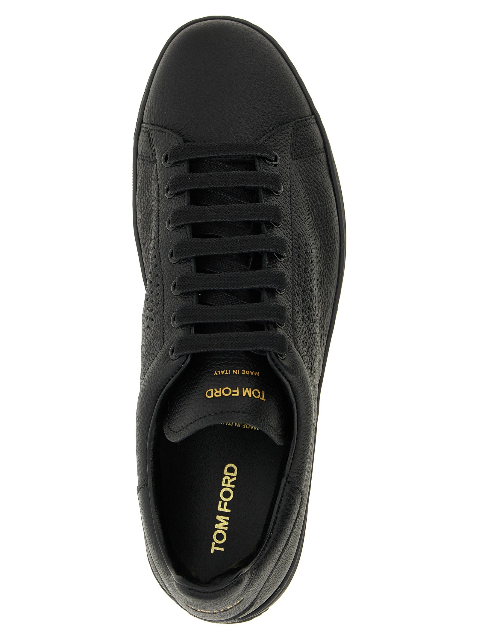 Sneakers by Tom Ford for men in leather & brass black features an fashionable silhouette, showcasing the premium Men's Low Top Leather & Brass Sneakers in a fashionable low-top style that offers a fashionable finish for refined style.