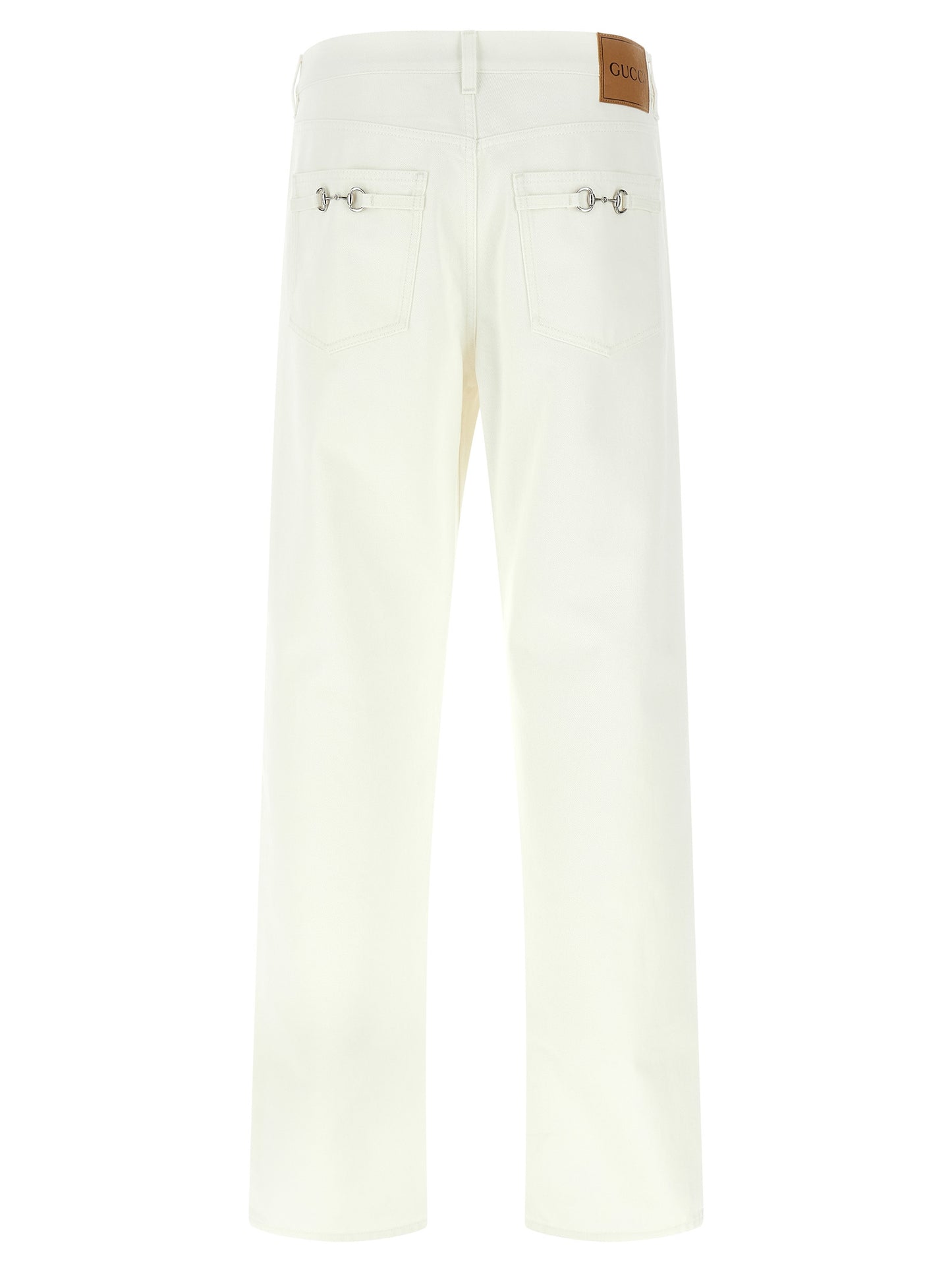 Jeans by Gucci for men in denim cotton canvas white presents a refined pantology silhouette, artfully defined by a refined pantology straight-leg & wide, long, and a sophisticated mid rise.