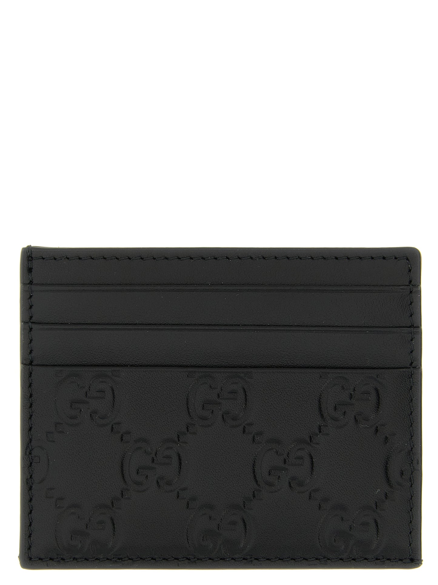 Cardholder Card Case by Gucci for men in calfskin leather black & patterned features a sleek silhouette, showcasing the sleek design of the Gg Calfskin Leather Cardholder Card Case with functional card-organization for a premium look.