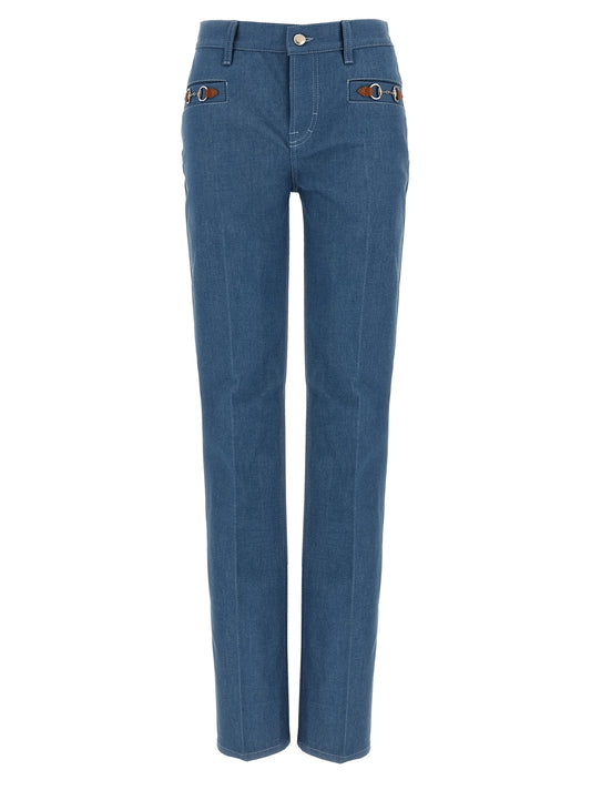 Jeans by Gucci for women in denim cotton light-blue presents a tailored silhouette, showcasing a tailored straight-leg & regular-fit and long cut with a refined for a truly tailored aesthetic.