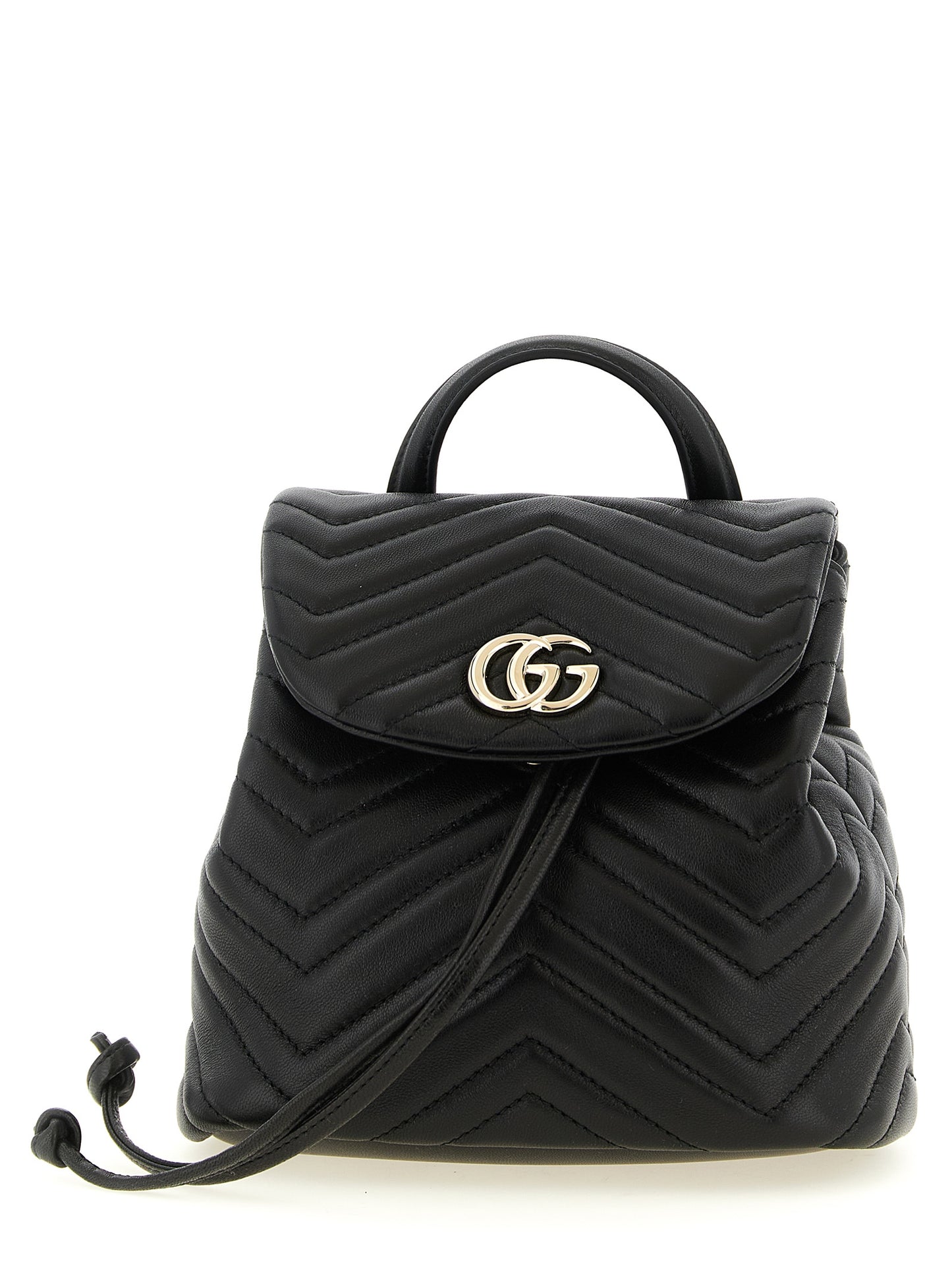 Medium Drawstring Backpack by Gucci for women in viscose & lamb leather black, patterned, chevron & signature features a effortlessly chic Gg Marmont Viscose & Lamb Leather Medium Drawstring Backpack design, showcasing a secure flap, drawstring & magnetic, ample , and versatile backpack-strap & adjustable-strap for a effortlessly chic finish.