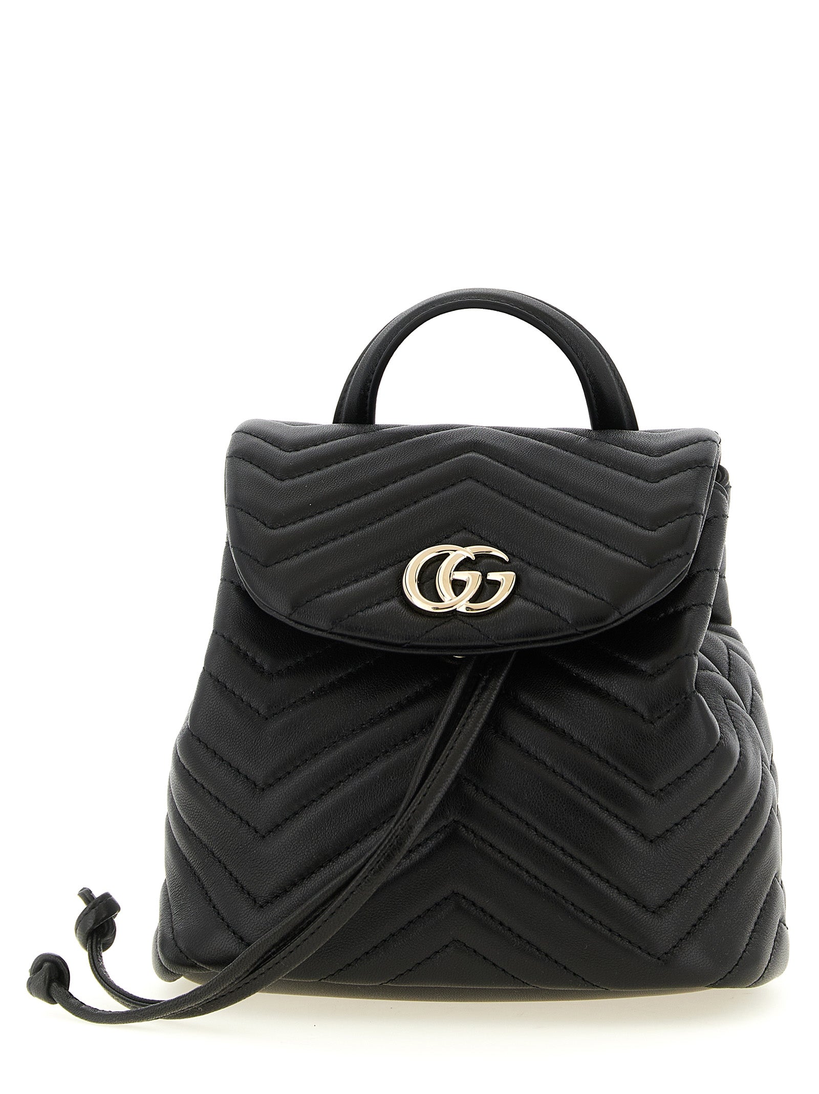Medium Drawstring Backpack by Gucci for women in viscose & lamb leather black, patterned, chevron & signature features a effortlessly chic Gg Marmont Viscose & Lamb Leather Medium Drawstring Backpack design, showcasing a secure flap, drawstring & magnetic, ample , and versatile backpack-strap & adjustable-strap for a effortlessly chic finish.