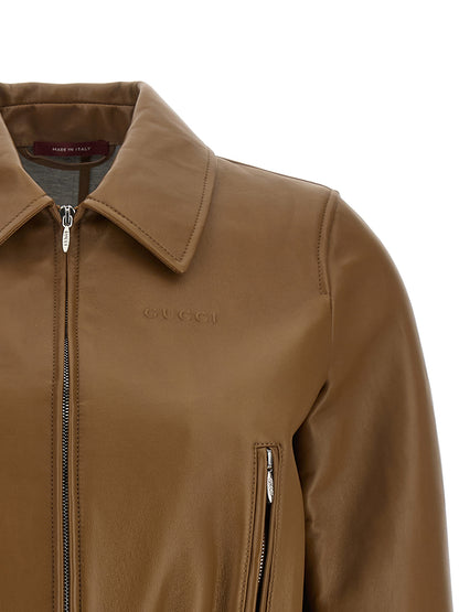 Jacket by Gucci for women in lamb leather beige presents a authentic silhouette, artfully detailed with a authentic and functional pockets for a premium authentic finish.