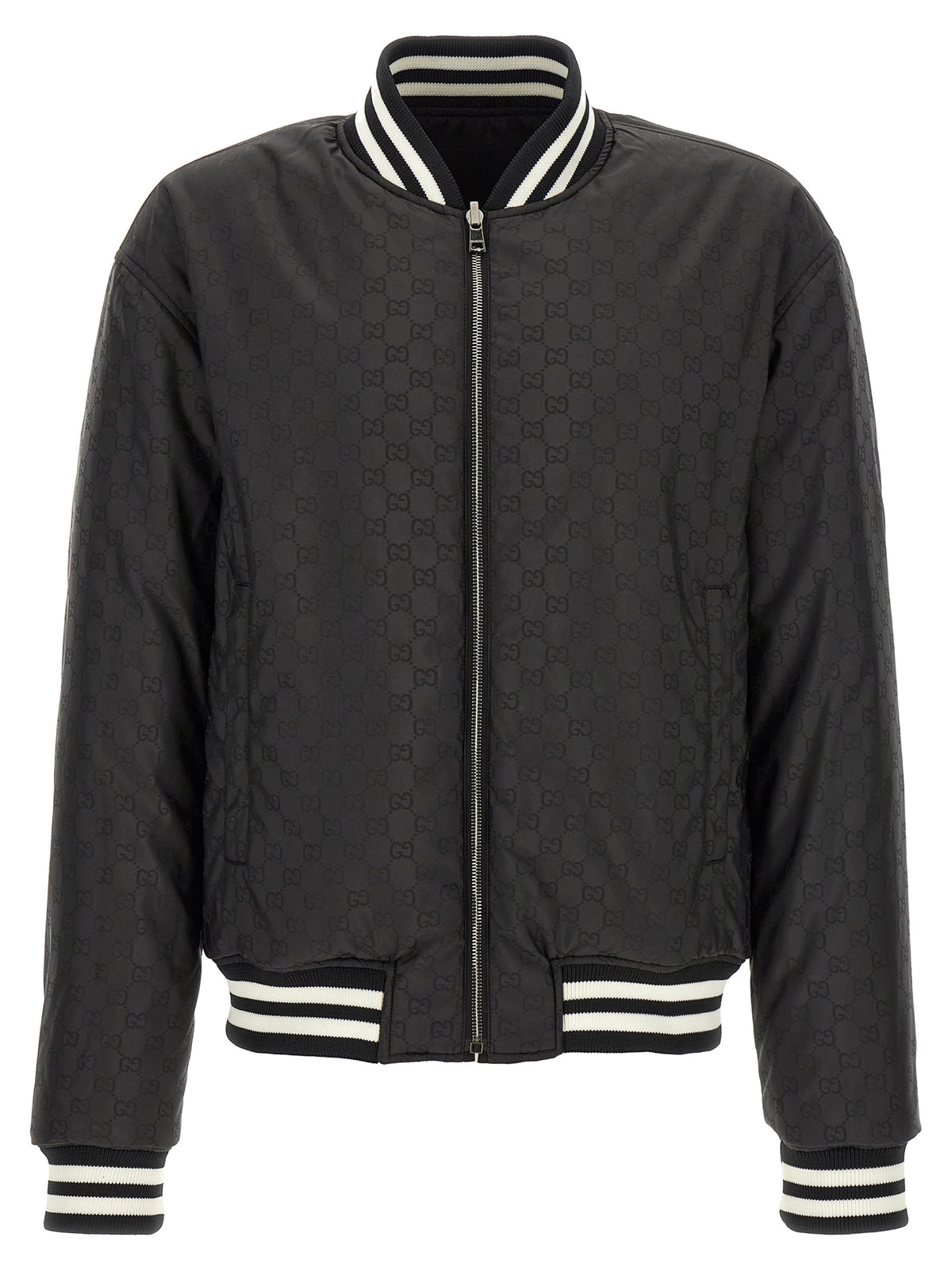 Gucci Gg Men's Reversible Polyester Twill & Nylon Bomber Jacket - Bicolour Black White Patterned