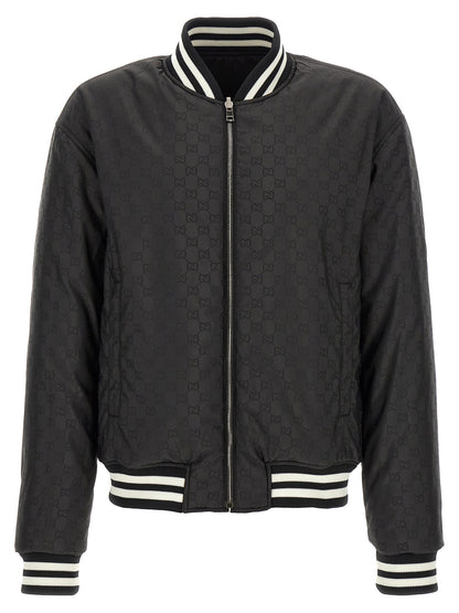 Gucci Gg Men's Reversible Polyester Twill & Nylon Bomber Jacket - Bicolour Black White Patterned