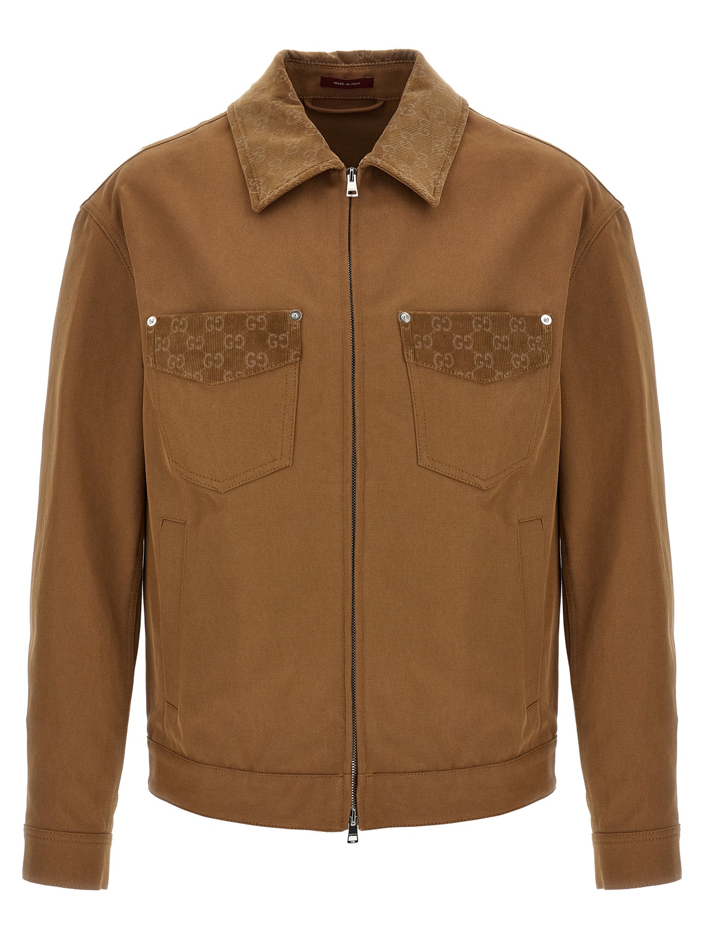 Overcoat by Gucci for men in cotton corduroy & canvas brown features an voluminous silhouette, showcasing distinct pockets and a voluminous shirt-collar neckline for a truly voluminous aesthetic.