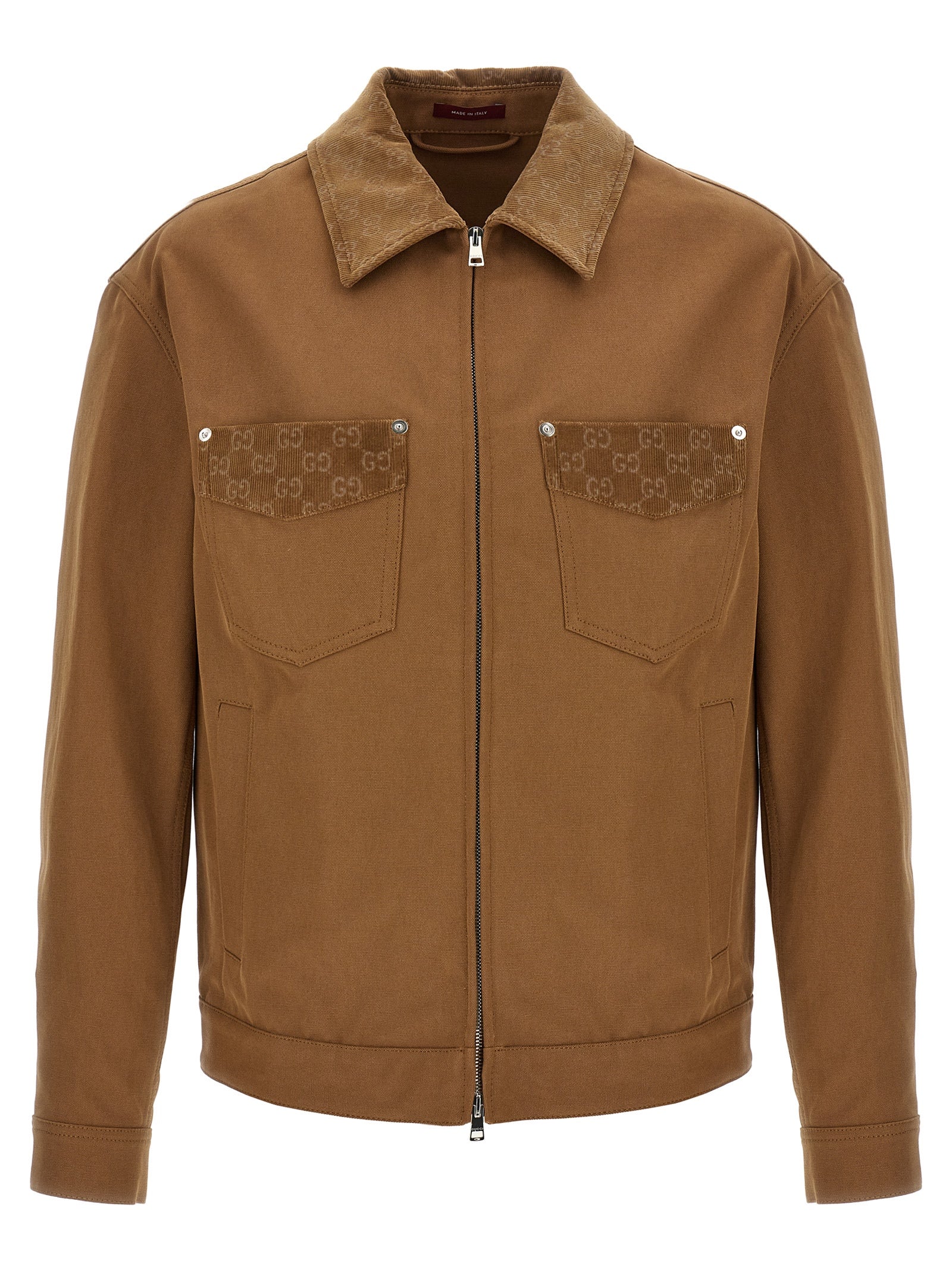Overcoat by Gucci for men in cotton corduroy & canvas brown features an voluminous silhouette, showcasing distinct pockets and a voluminous shirt-collar neckline for a truly voluminous aesthetic.