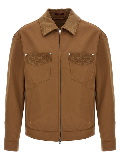 Overcoat by Gucci for men in cotton corduroy & canvas brown features an voluminous silhouette, showcasing distinct pockets and a voluminous shirt-collar neckline for a truly voluminous aesthetic.