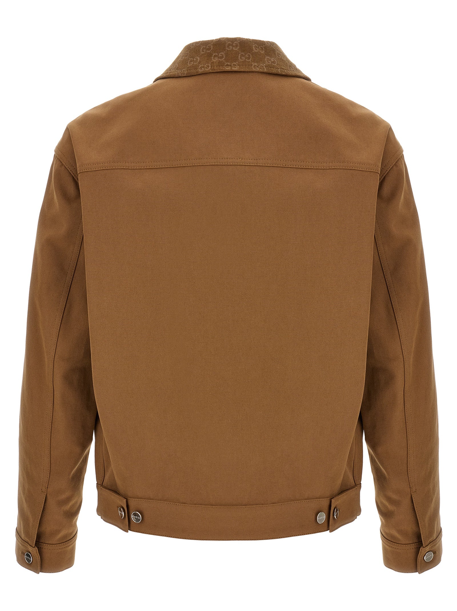 Overcoat by Gucci for men in cotton corduroy & canvas brown showcases a enveloping silhouette, detailed with distinctive pockets and a enveloping shirt-collar neckline.