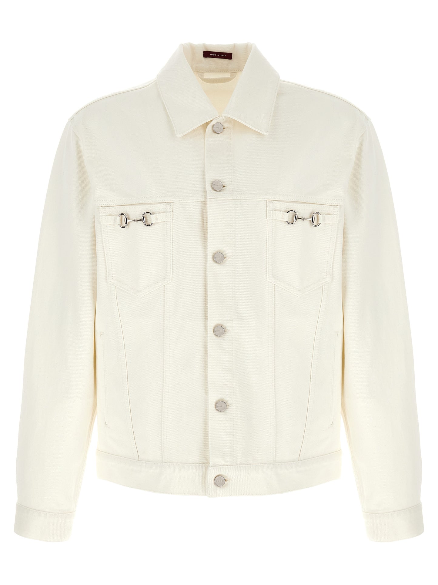 Trucker Jacket by Gucci for men in denim cotton white showcases a bohemian silhouette, artfully detailed with a bohemian shirt-collar neckline and signature pockets for a truly bohemian finish.