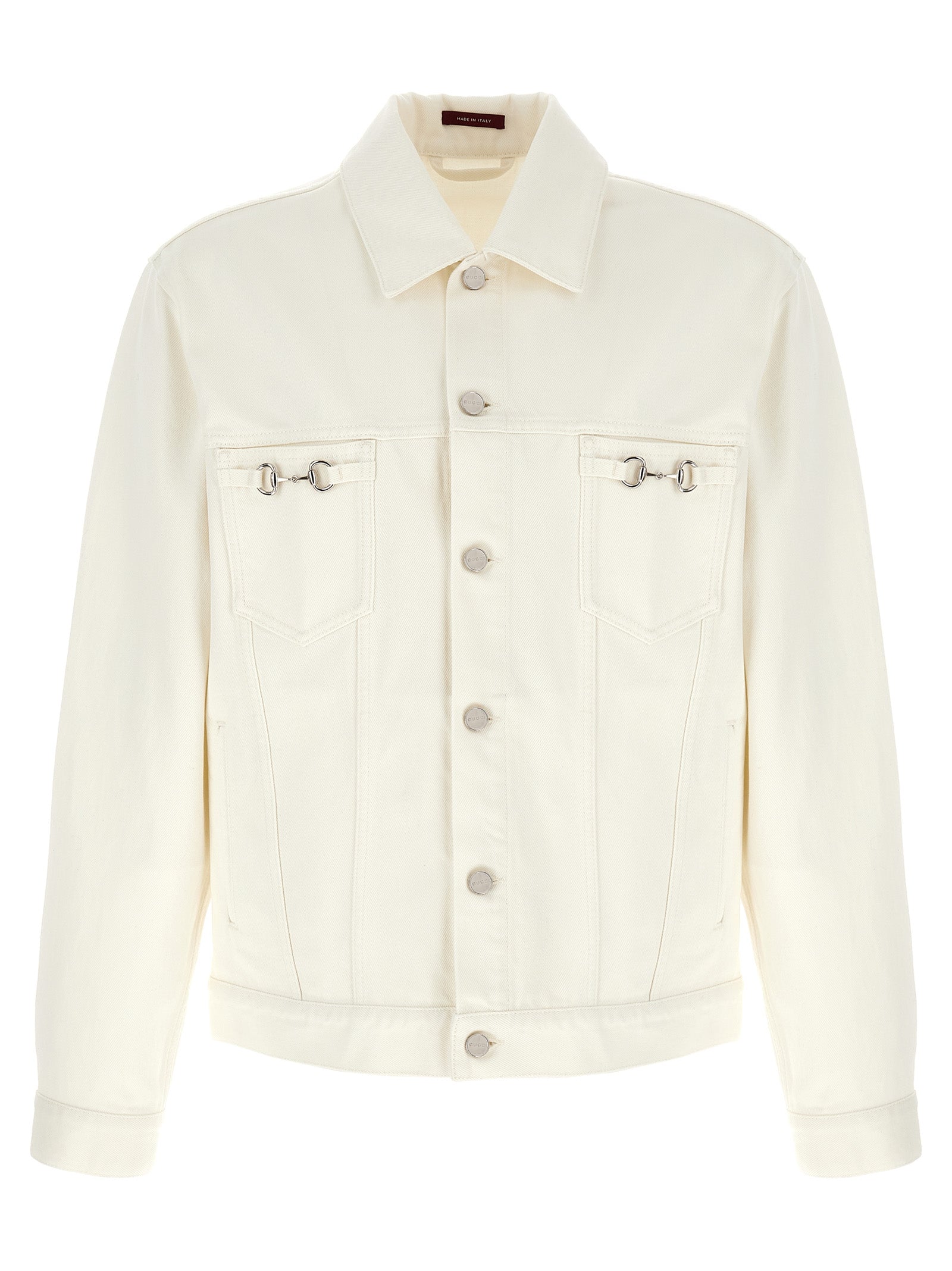 Trucker Jacket by Gucci for men in denim cotton white showcases a bohemian silhouette, artfully detailed with a bohemian shirt-collar neckline and signature pockets for a truly bohemian finish.