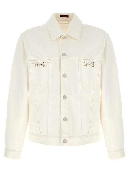 Trucker Jacket by Gucci for men in denim cotton white showcases a bohemian silhouette, artfully detailed with a bohemian shirt-collar neckline and signature pockets for a truly bohemian finish.