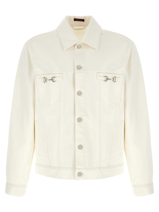 Trucker Jacket by Gucci for men in denim cotton white showcases a bohemian silhouette, artfully detailed with a bohemian shirt-collar neckline and signature pockets for a truly bohemian finish.