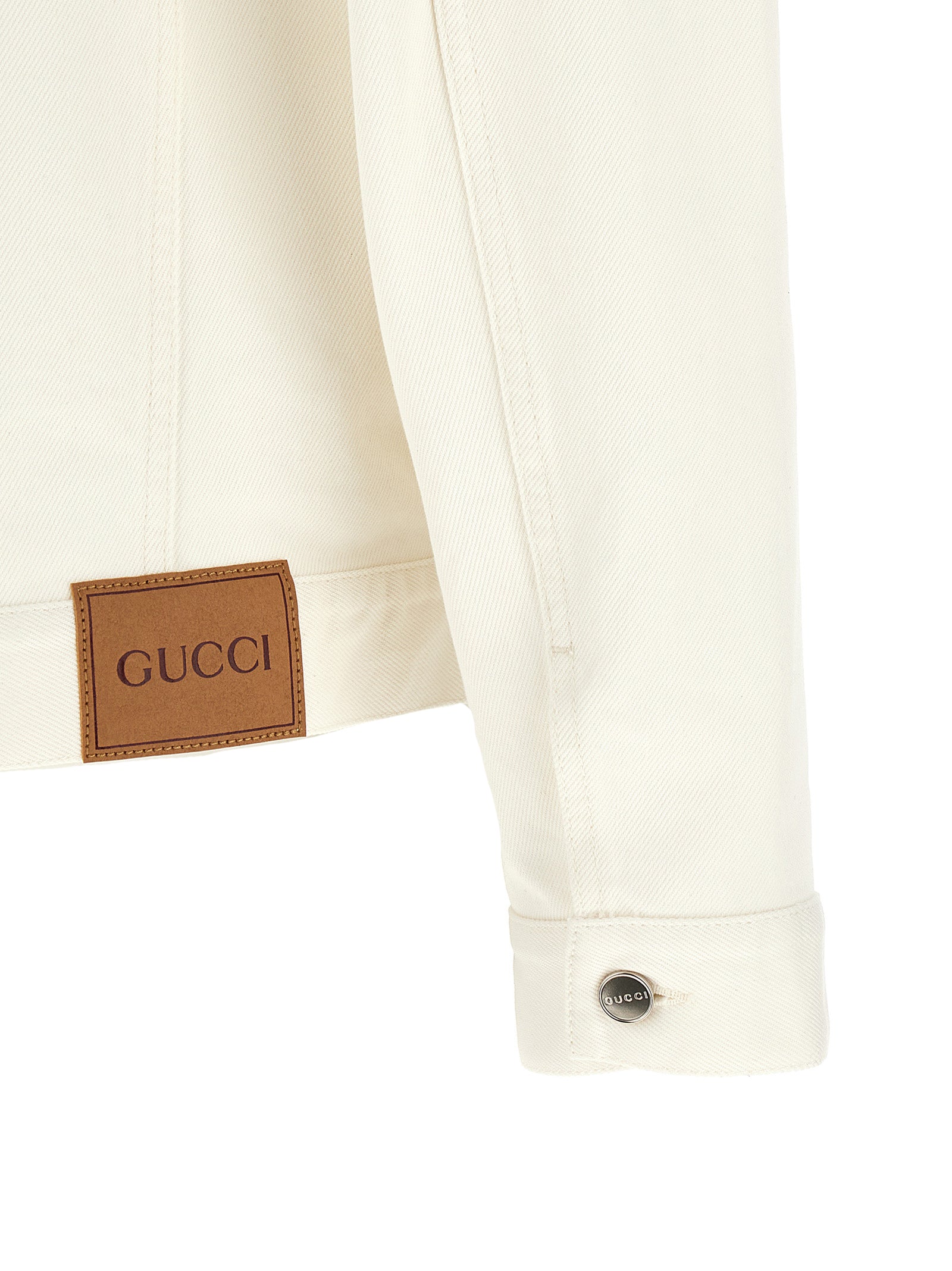 Trucker Jacket by Gucci for men in denim cotton white features a dramatic silhouette, showcasing a sophisticated and distinctive pockets for a dramatic aesthetic.