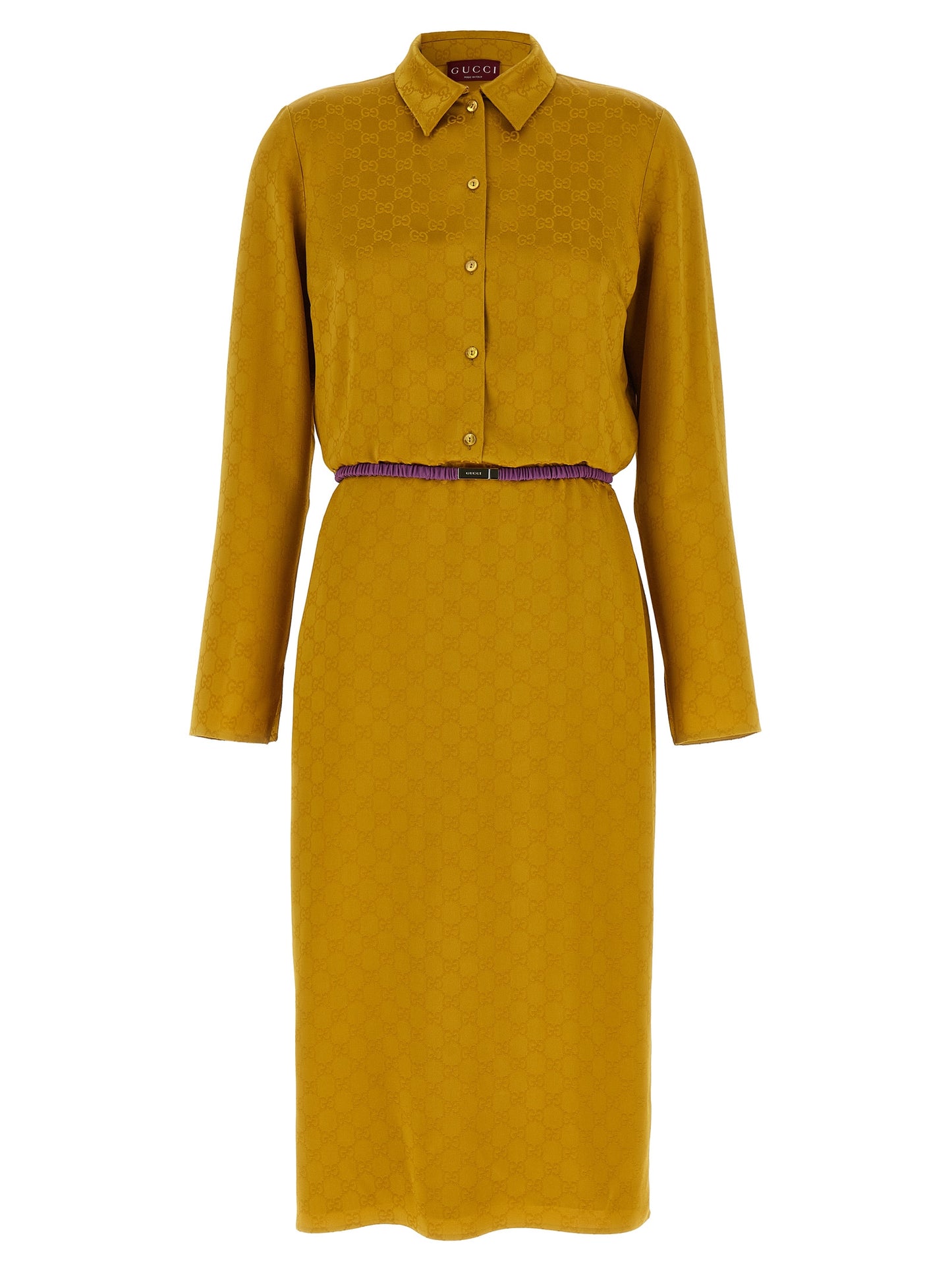 Dress by Gucci for women in silk & viscose bicolour, yellow, patterned & jacquard features an cute silhouette, detailed with a long-sleeve and split neckline that elegantly flows into a cute midi.