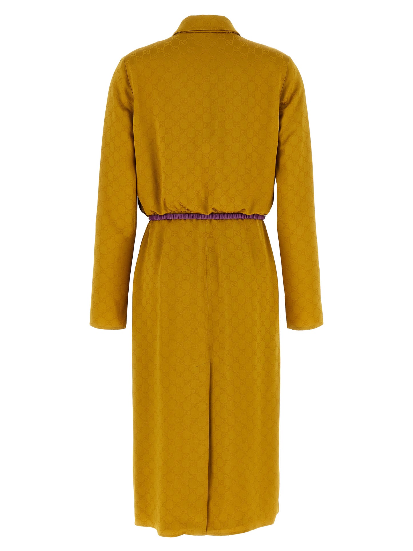 Dress by Gucci for women in silk & viscose bicolour, yellow, patterned & jacquard features an eye catching silhouette with a sophisticated split neckline, elegant , and a refined midi for a eye catching aesthetic.