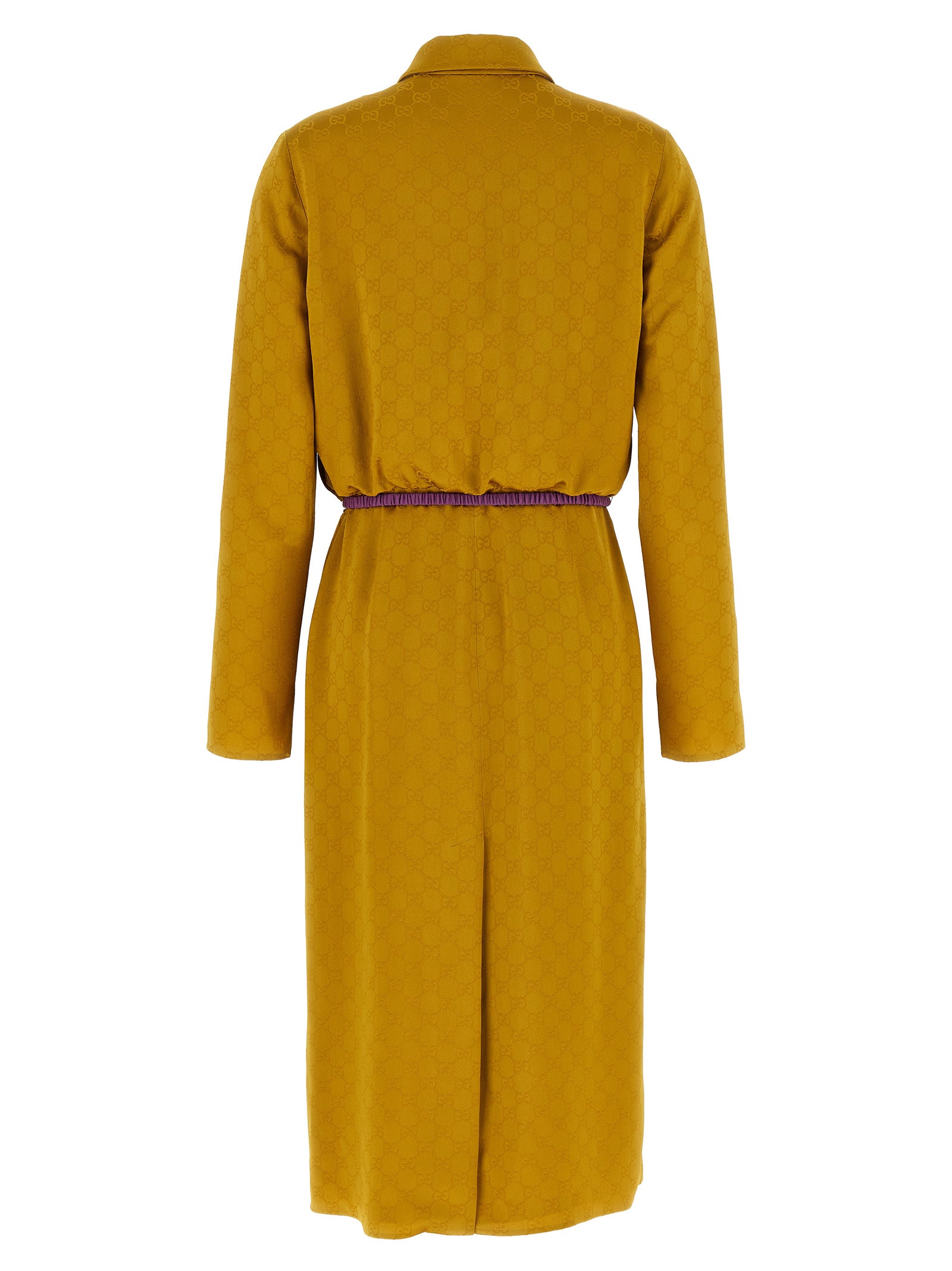 Dress by Gucci for women in silk & viscose bicolour, yellow, patterned & jacquard features an eye catching silhouette with a sophisticated split neckline, elegant , and a refined midi for a eye catching aesthetic.