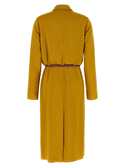 Dress by Gucci for women in silk & viscose bicolour, yellow, patterned & jacquard features an eye catching silhouette with a sophisticated split neckline, elegant , and a refined midi for a eye catching aesthetic.
