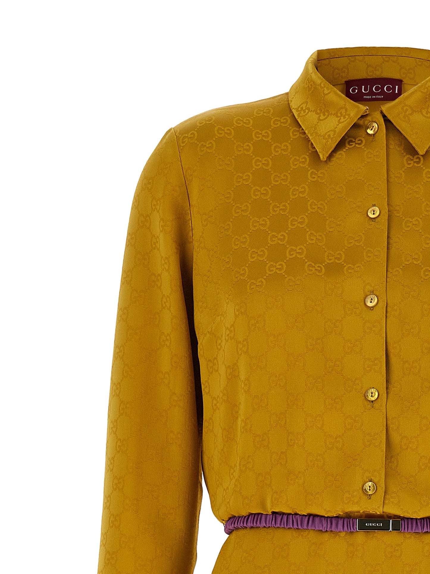 Dress by Gucci for women in silk & viscose bicolour, yellow, patterned & jacquard presents a sinuous silhouette, showcasing a sophisticated split neckline and detailed with a sinuous midi for a refined finish.