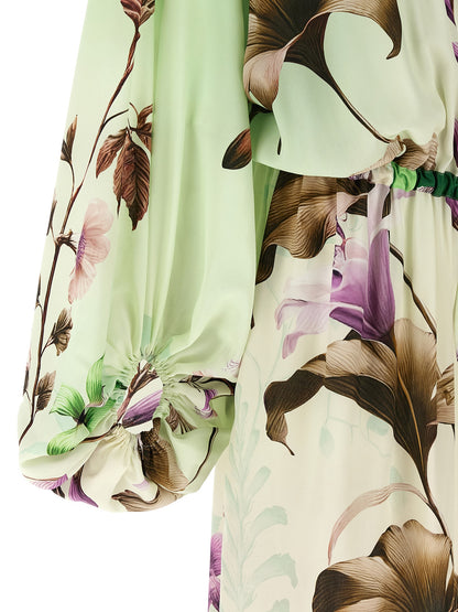 Dress by F.R.S. - FOR RESTLESS SLEEPERS for women in silk bicolour, green & print features an eye catching silhouette with a sophisticated , elegant , and a refined maxi long for a eye catching aesthetic.