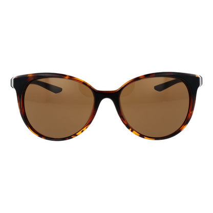 Sunglasses by Nike for women in acetate brown features a sumptuous silhouette, showcasing a sumptuous full-rim round frame design in brown coloured frame with high-performance non-polarized category-3-dark-tint lens.