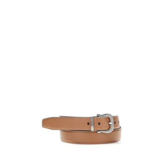 Belt by Ferragamo for men in bos taurus calfskin leather brown features an artisanal finish, elegantly showcasing the signature style and artisanal craftsmanship of the Gancini Bos Taurus Calfskin Leather Belt design.