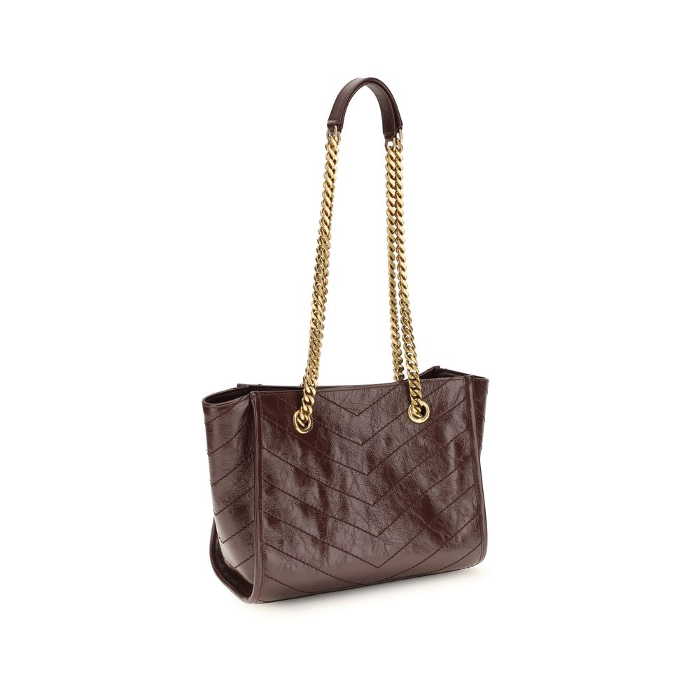 Small Shopper Tote Shoulder Bag by Saint Laurent for women in bos taurus calfskin leather brown, chevron & signature features a effortless chic silhouette with a secure , ample , and versatile for a effortless chic finish.