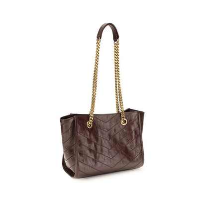 Small Shopper Tote Shoulder Bag by Saint Laurent for women in bos taurus calfskin leather brown, chevron & signature features a effortless chic silhouette with a secure , ample , and versatile for a effortless chic finish.
