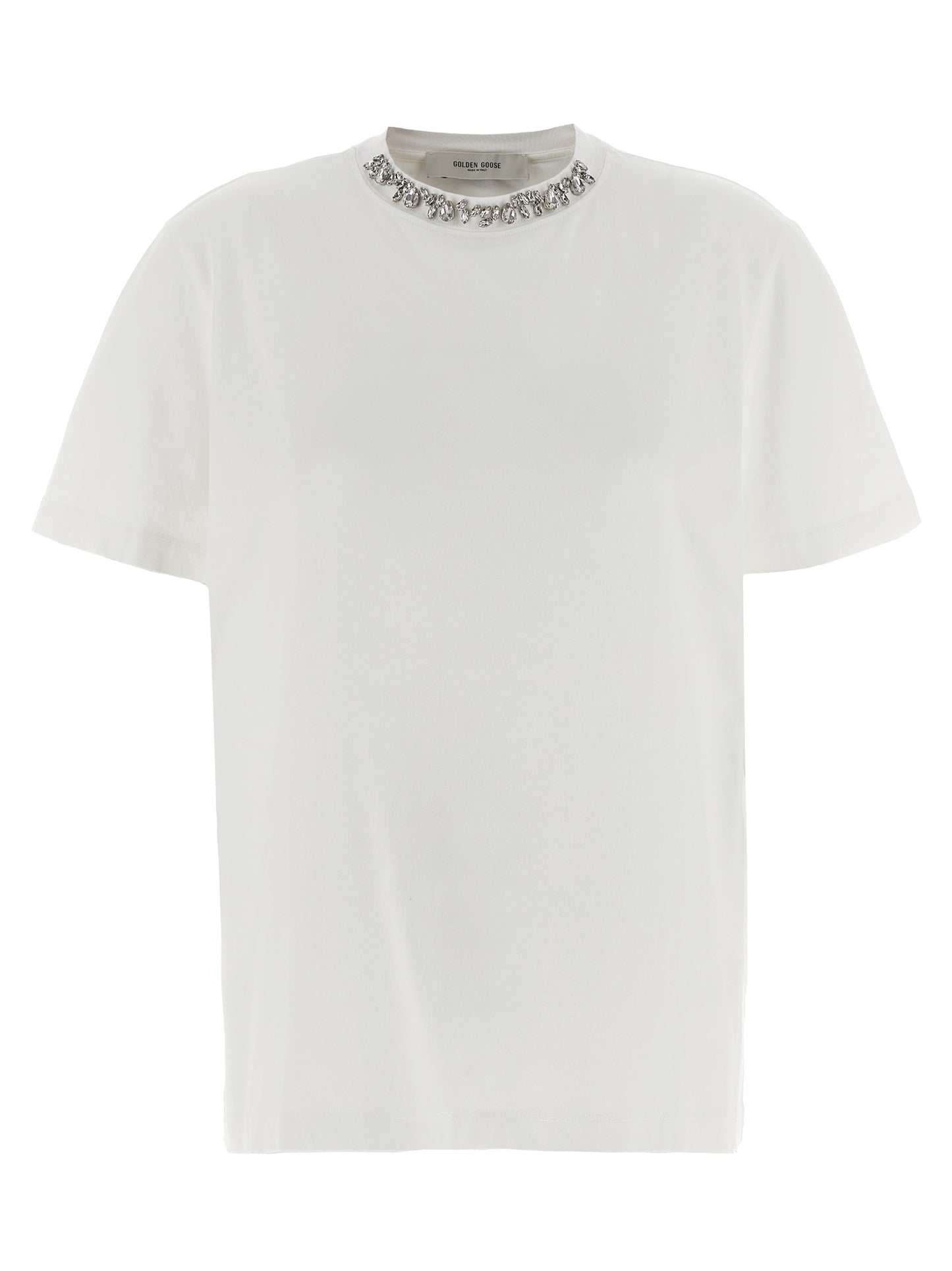 T-Shirt by Golden Goose for women in cotton & crystal white & signature showcases a unassuming silhouette, artfully detailed with a refined crew neckline and unassuming short-sleeve for a sophisticated, contemporary look.