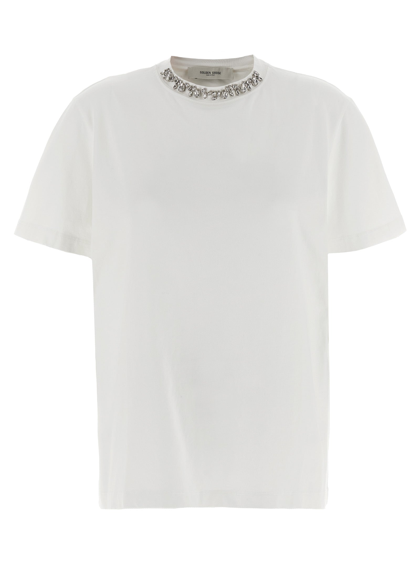 T-Shirt by Golden Goose for women in cotton & crystal white & signature showcases a unassuming silhouette, artfully detailed with a refined crew neckline and unassuming short-sleeve for a sophisticated, contemporary look.
