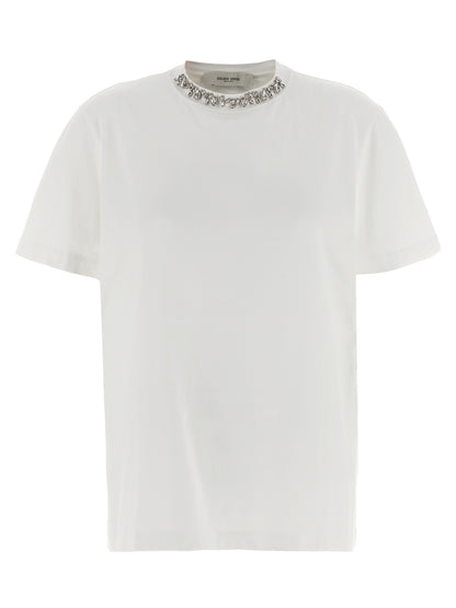 T-Shirt by Golden Goose for women in cotton & crystal white & signature showcases a unassuming silhouette, artfully detailed with a refined crew neckline and unassuming short-sleeve for a sophisticated, contemporary look.