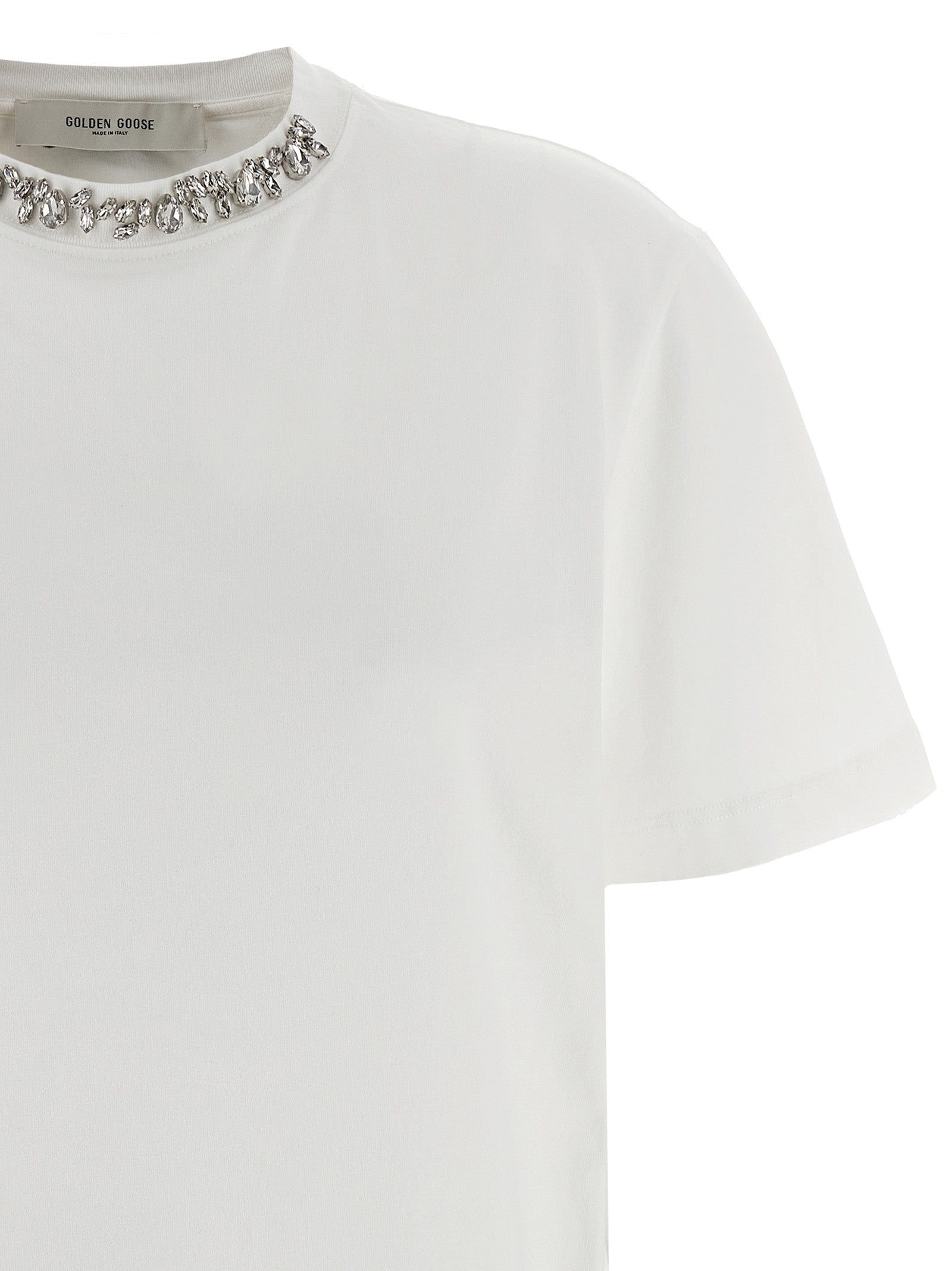 T-Shirt by Golden Goose for women in cotton & crystal white & signature showcases a dramatic silhouette, elegantly detailed with a dramatic crew neckline and for a truly dramatic finish.