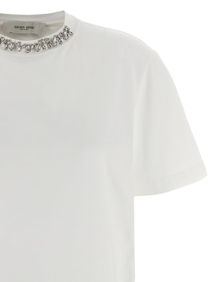 T-Shirt by Golden Goose for women in cotton & crystal white & signature showcases a dramatic silhouette, elegantly detailed with a dramatic crew neckline and for a truly dramatic finish.
