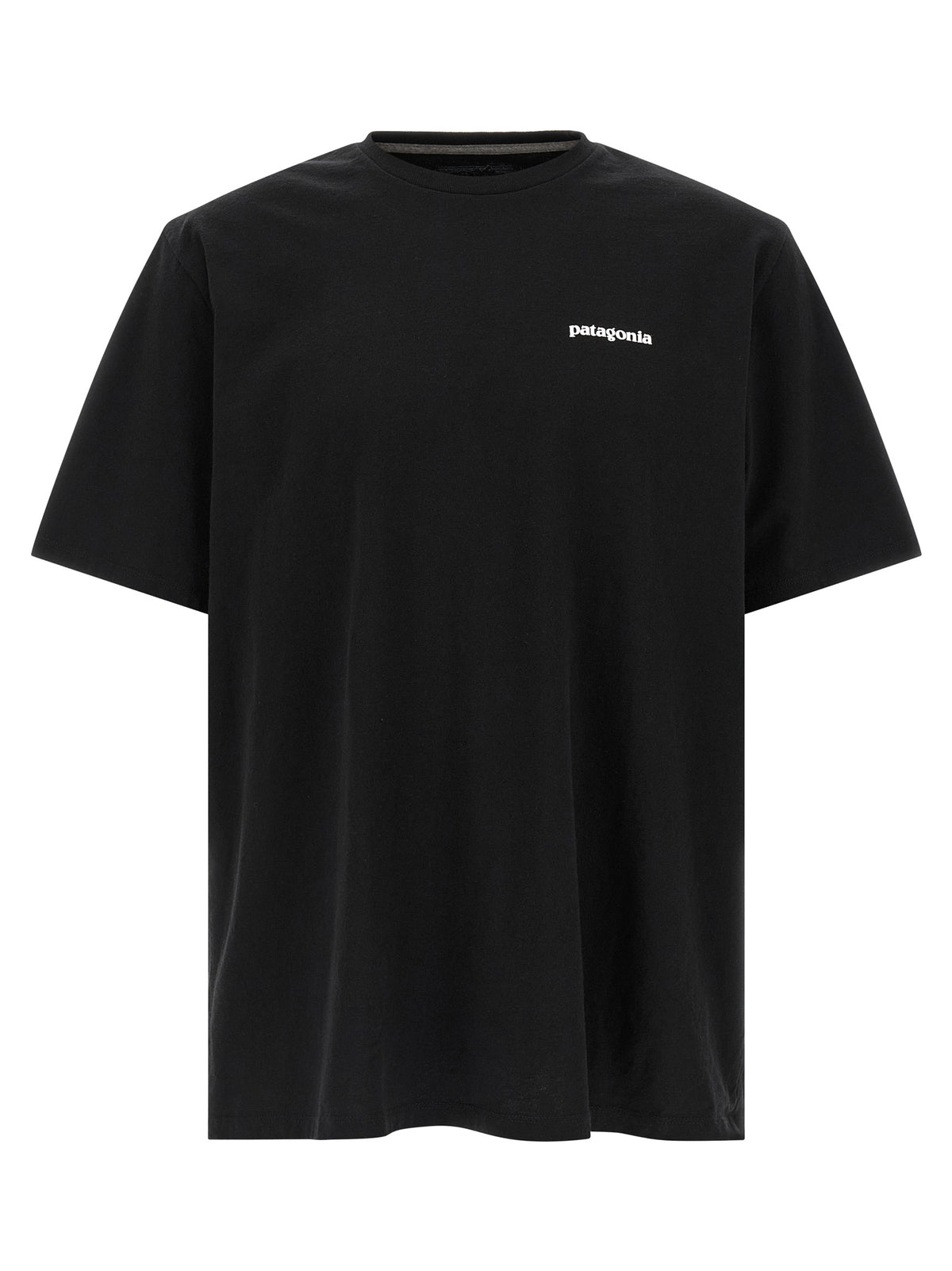 T-Shirt by PATAGONIA for men in cotton polyester black & print showcases a dramatic silhouette, elegantly detailed with a dramatic crew neckline and short-sleeve for a truly dramatic finish.