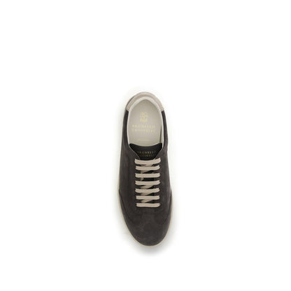 Sneakers by Brunello Cucinelli for men in bos taurus suede calf leather gray & natural features an fashionable silhouette, showcasing the premium Men's Low Top Bos Taurus Suede Calf Leather Sneakers in a fashionable low-top style that offers a fashionable finish for refined style.