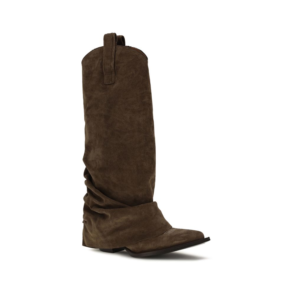 Cuban Cowboy High Knee-High Boots by R13 for women in bos taurus calf suede leather brown showcases a impeccable silhouette as Women's Bos Taurus Calf Suede Leather Cuban Cowboy High Knee-High Boots, artfully defined by a impeccable cuban-heel and a impeccable .
