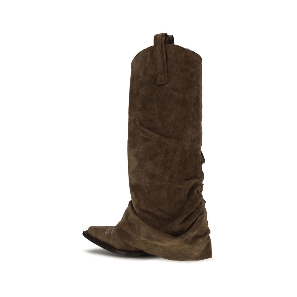 Cuban Cowboy High Knee-High Boots by R13 for women in bos taurus calf suede leather brown showcases a ergonomic silhouette from the Women's Bos Taurus Calf Suede Leather Cuban Cowboy High Knee-High Boots collection, featuring a ergonomic cuban-heel and a ergonomic .