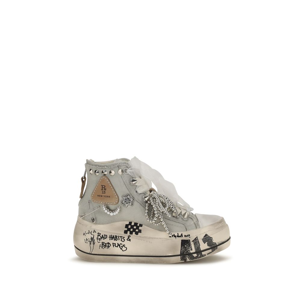 Sneakers by R13 for women in polyurethane cotton white presents a sumptuous silhouette, artfully capturing the essence of the 9 To 5 Women's High Top Polyurethane Cotton Sneakers with its sumptuous high-top style design.