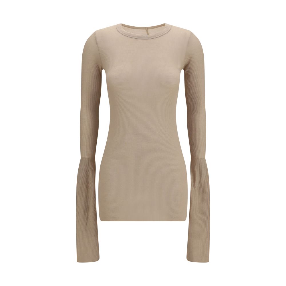 Shirt by Rick Owens for women in silk & viscose beige & signature showcases a sharp silhouette, elegantly detailed with a sharp crew neckline and sharp .