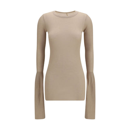 Shirt by Rick Owens for women in silk & viscose beige & signature showcases a sharp silhouette, elegantly detailed with a sharp crew neckline and sharp .