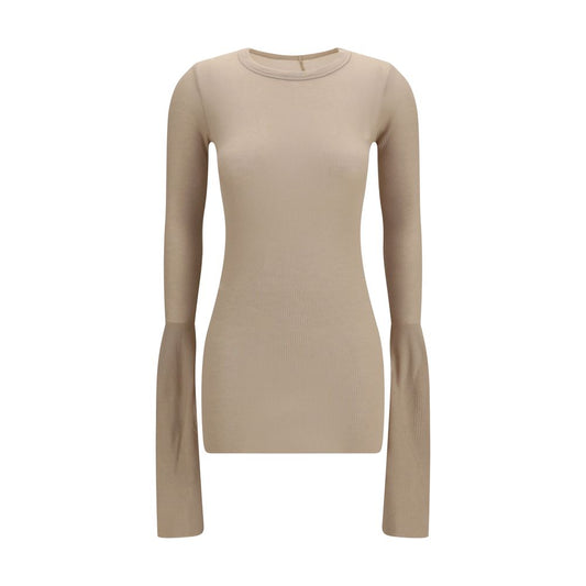 Shirt by Rick Owens for women in silk & viscose beige & signature showcases a sharp silhouette, elegantly detailed with a sharp crew neckline and sharp .