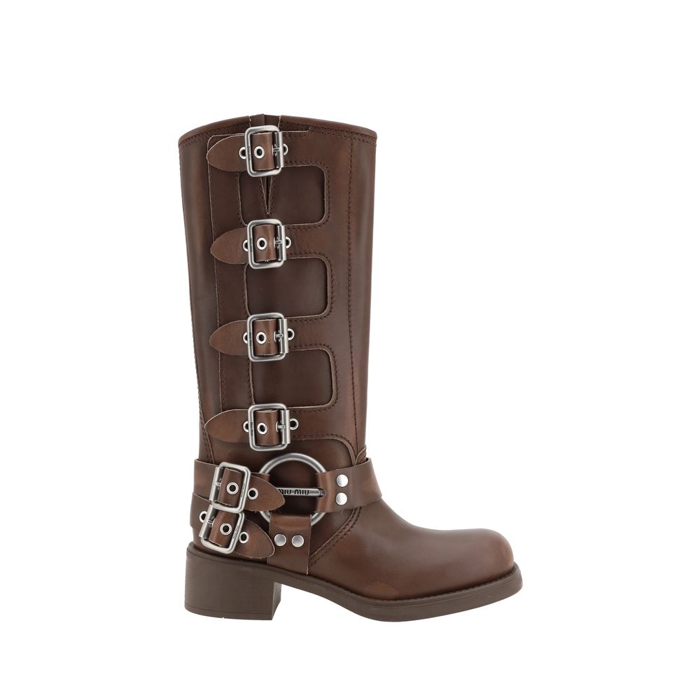 Lace-Up Mid-Calf Boots by Miu Miu for women in bos taurus calf leather brown showcases a impeccable silhouette as Women's Bos Taurus Calf Leather Lace-Up Mid-Calf Boots, artfully defined by a impeccable block-heel and a impeccable .