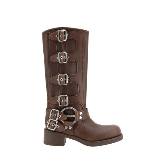 Lace-Up Mid-Calf Boots by Miu Miu for women in bos taurus calf leather brown showcases a impeccable silhouette as Women's Bos Taurus Calf Leather Lace-Up Mid-Calf Boots, artfully defined by a impeccable block-heel and a impeccable .