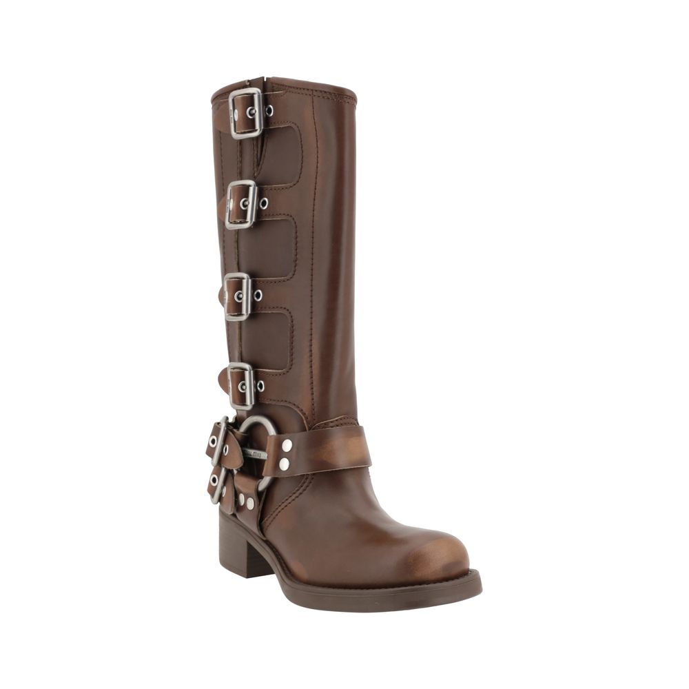 Lace-Up Mid-Calf Boots by Miu Miu for women in bos taurus calf leather brown features an effortless chic silhouette from the Women's Bos Taurus Calf Leather Lace-Up Mid-Calf Boots collection, showcasing a effortless chic block-heel and refined for an effortless chic look.