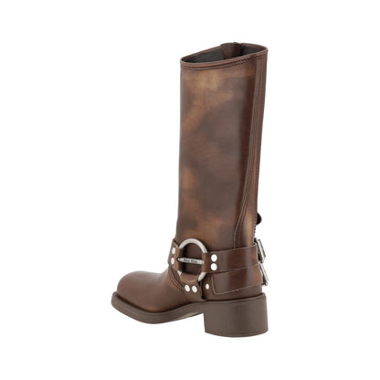 Lace-Up Mid-Calf Boots by Miu Miu for women in bos taurus calf leather brown features an enchanting design from the Women's Bos Taurus Calf Leather Lace-Up Mid-Calf Boots collection, highlighting a enchanting block-heel and for a refined look.