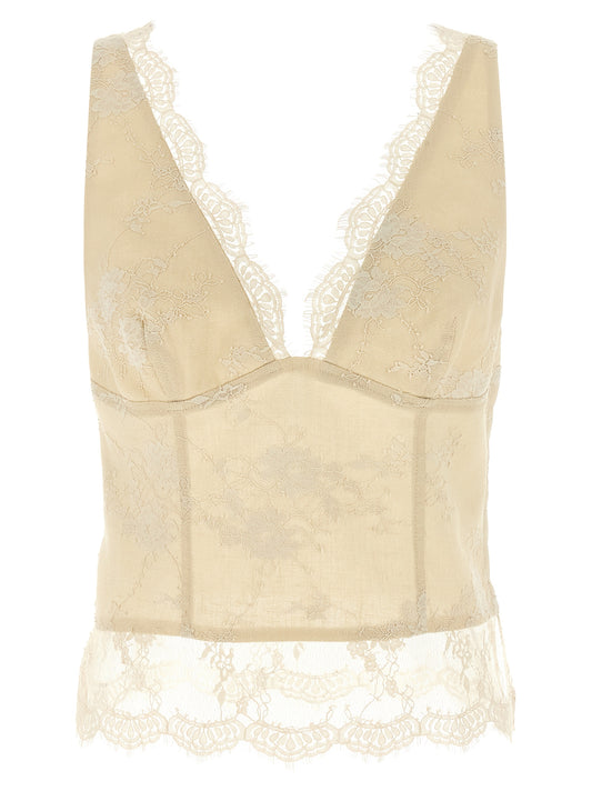 PINKO Women's Crop Top V Neck Linen Tank - Beige