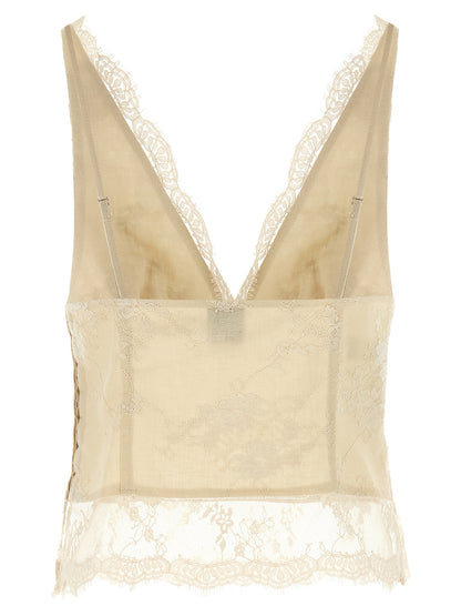 PINKO Women's Crop Top V Neck Linen Tank - Beige