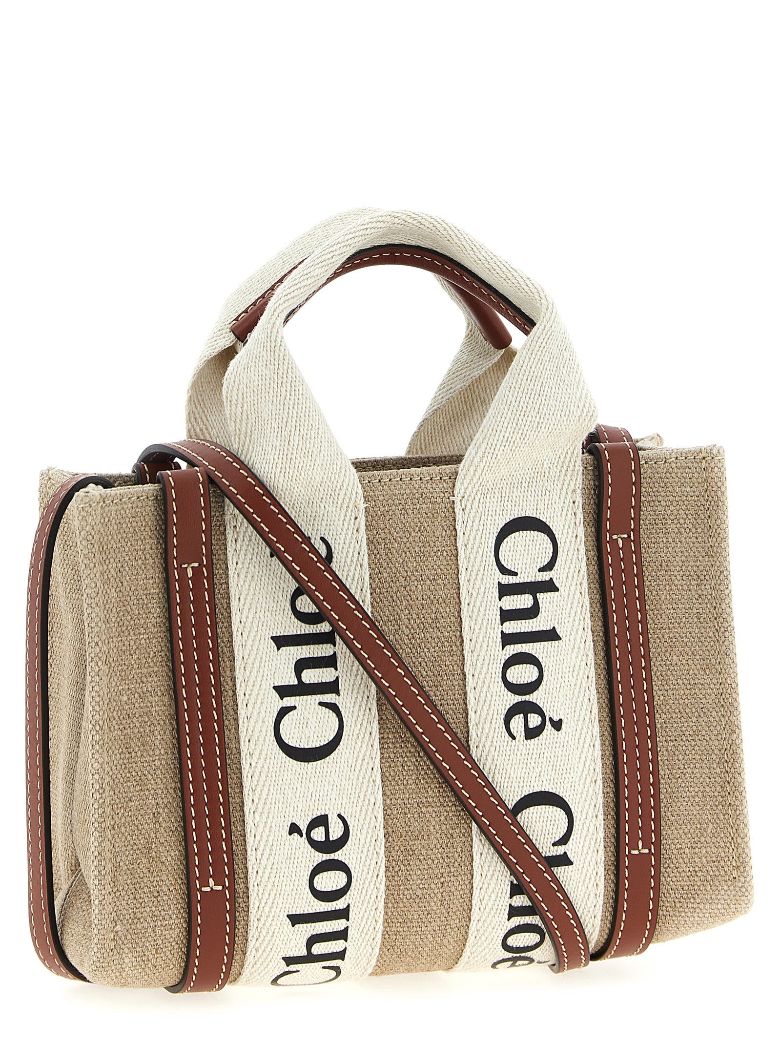 Mini Shoulder Tote Handbag by Chloé for women in canvas & calfskin leather multicolor features a refined silhouette, showcasing a secure , organized , and versatile shoulder-strap & handle for a refined finish.